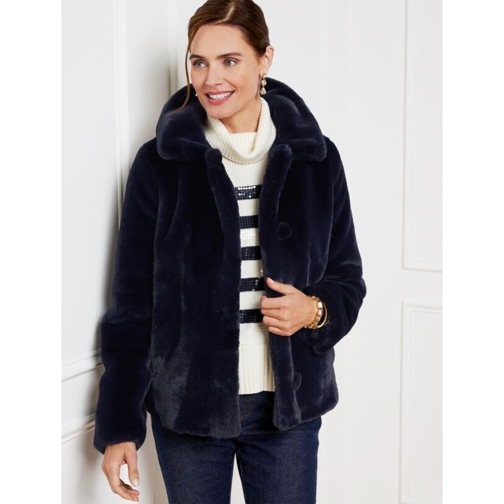 Talbots Navy Blue Faux Fur Coat Womens Large Plush Snap Front Jacket Chic Luxury